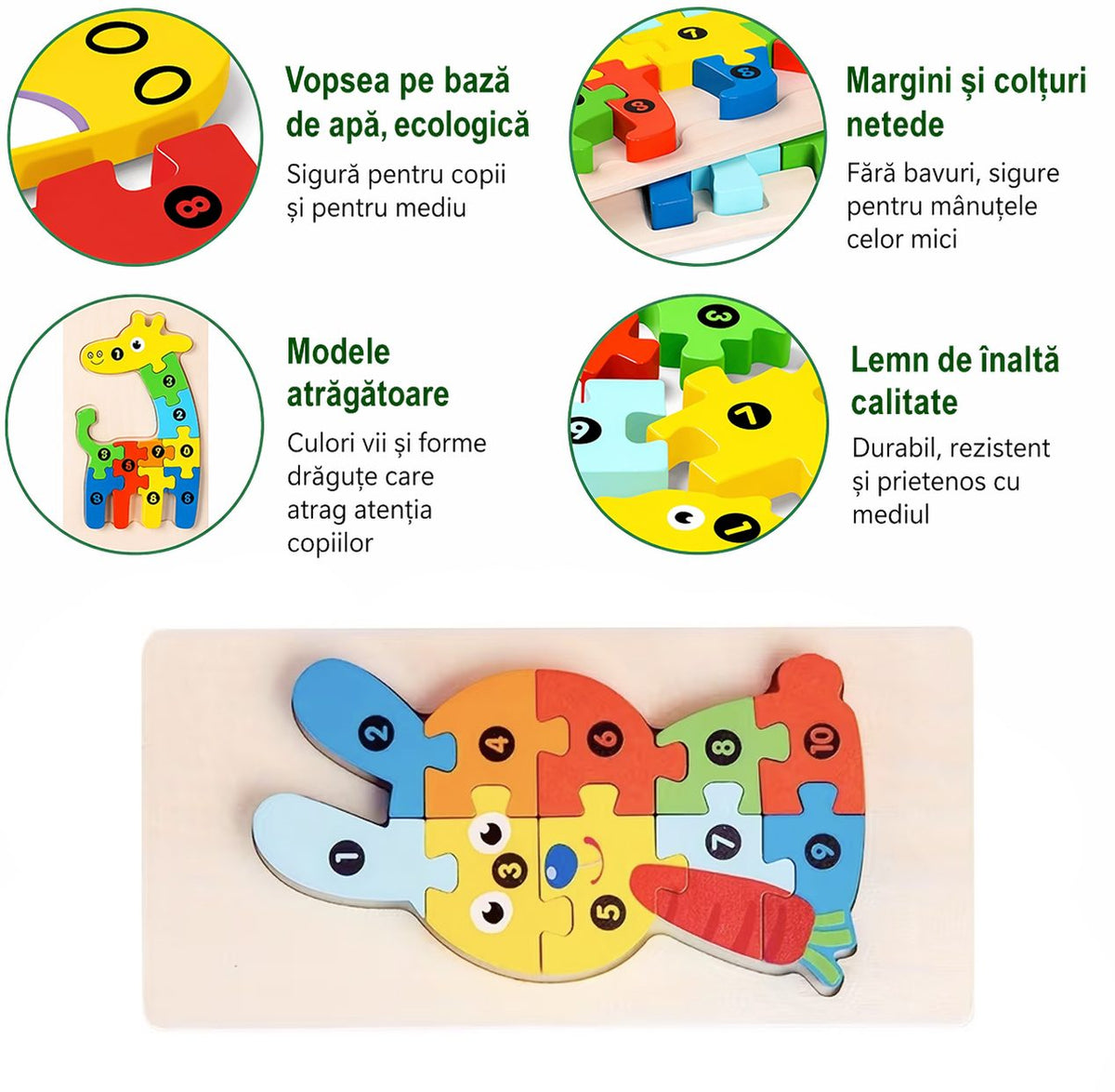 Puzzle din Lemn 3D Montessori, Klevo, Jucarie Educativa pentru Copii, 0-3 Ani, Vopsea Ecologica, Dezvolta Motricitatea Fina, Coordonarea, Logica,  11 Piese, Model Iepure, Multicolor