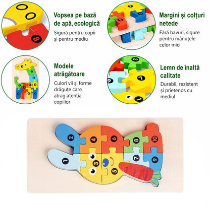 Puzzle din Lemn 3D Montessori, Klevo, Jucarie Educativa pentru Copii, 0-3 Ani, Vopsea Ecologica, Dezvolta Motricitatea Fina, Coordonarea, Logica,  11 Piese, Model Iepure, Multicolor