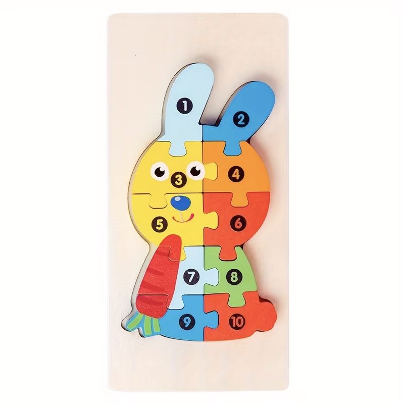 Puzzle din Lemn 3D Montessori, Klevo, Jucarie Educativa pentru Copii, 0-3 Ani, Vopsea Ecologica, Dezvolta Motricitatea Fina, Coordonarea, Logica,  11 Piese, Model Iepure, Multicolor