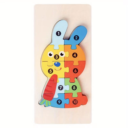 Puzzle din Lemn 3D Montessori, Klevo, Jucarie Educativa pentru Copii, 0-3 Ani, Vopsea Ecologica, Dezvolta Motricitatea Fina, Coordonarea, Logica,  11 Piese, Model Iepure, Multicolor