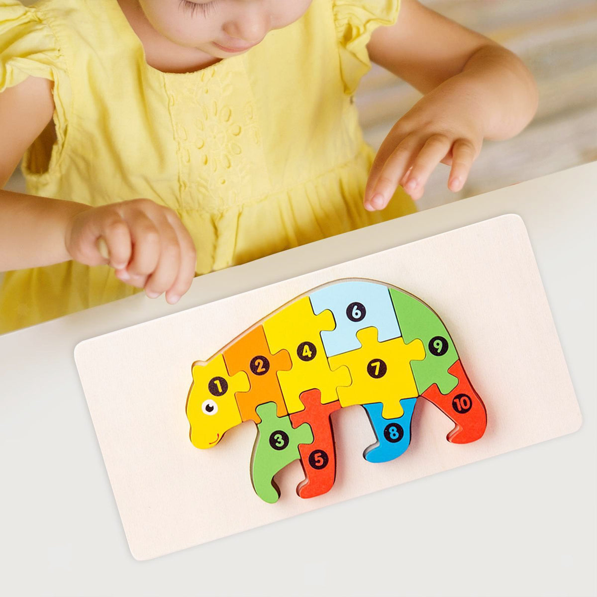 Puzzle din Lemn 3D Montessori, Klevo, Jucarie Educativa pentru Copii, 0-3 Ani, Vopsea Ecologica, Dezvolta Motricitatea Fina, Coordonarea, Logica,  11 Piese, Model Urs, Multicolor