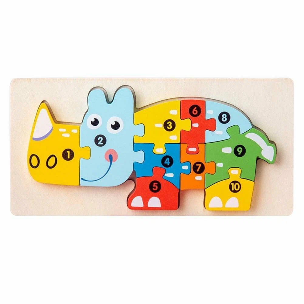 Puzzle din Lemn 3D Montessori, Klevo, Jucarie Educativa pentru Copii, 0-3 Ani, Vopsea Ecologica, Dezvolta Motricitatea Fina, Coordonarea, Logica,  11 Piese, Model Rinocer, Multicolor