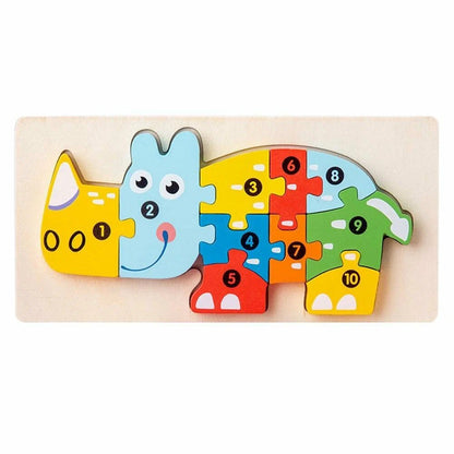 Puzzle din Lemn 3D Montessori, Klevo, Jucarie Educativa pentru Copii, 0-3 Ani, Vopsea Ecologica, Dezvolta Motricitatea Fina, Coordonarea, Logica,  11 Piese, Model Rinocer, Multicolor