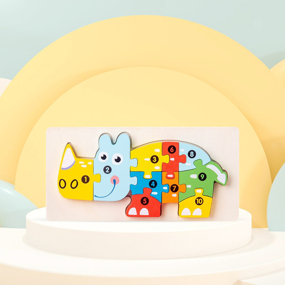 Puzzle din Lemn 3D Montessori, Klevo, Jucarie Educativa pentru Copii, 0-3 Ani, Vopsea Ecologica, Dezvolta Motricitatea Fina, Coordonarea, Logica,  11 Piese, Model Rinocer, Multicolor