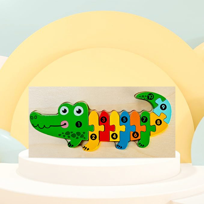 Puzzle din Lemn 3D Montessori, Klevo, Jucarie Educativa pentru Copii, 0-3 Ani, Vopsea Ecologica, Dezvolta Motricitatea Fina, Coordonarea, Logica,  11 Piese, Model Crocodil, Multicolor
