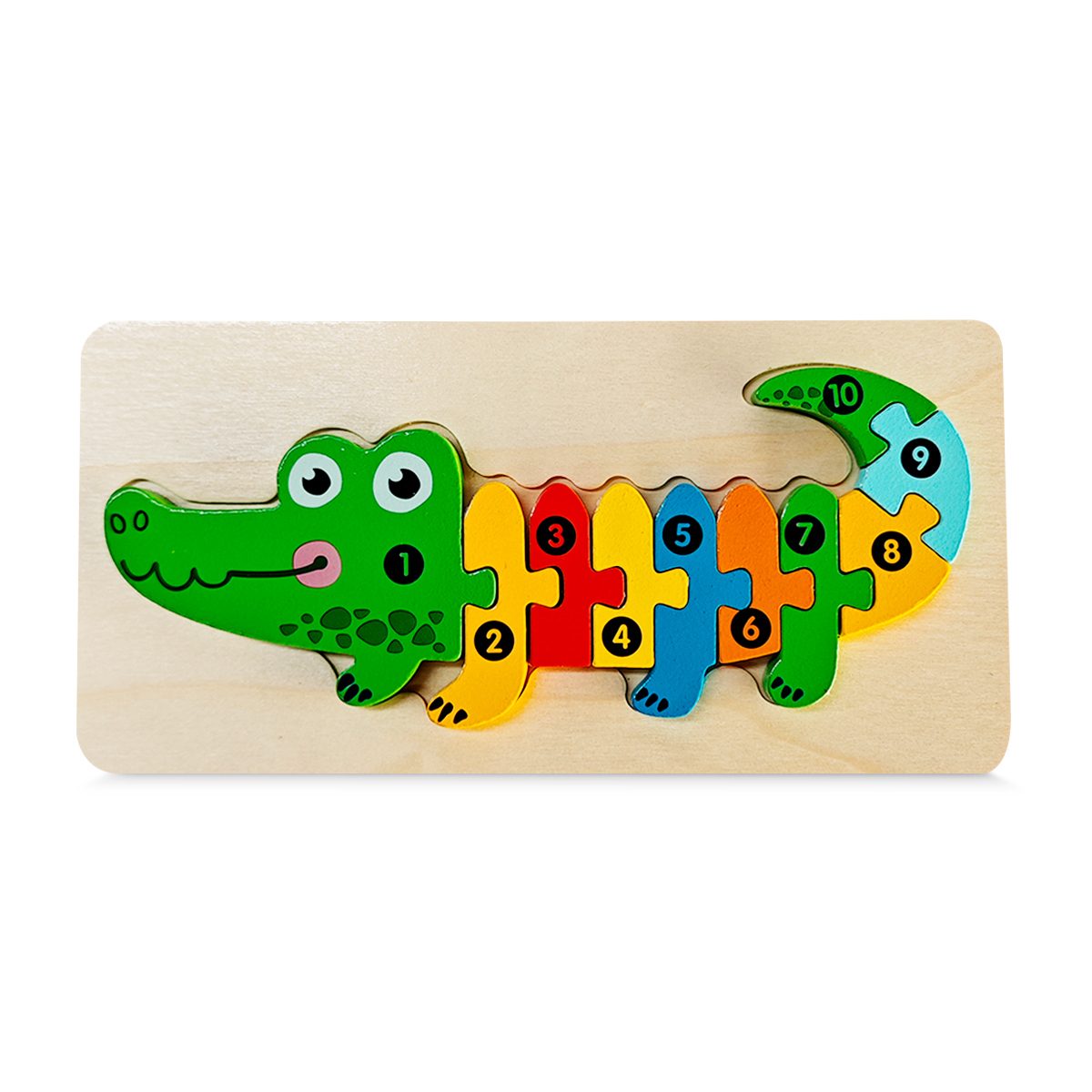 Puzzle din Lemn 3D Montessori, Klevo, Jucarie Educativa pentru Copii, 0-3 Ani, Vopsea Ecologica, Dezvolta Motricitatea Fina, Coordonarea, Logica,  11 Piese, Model Crocodil, Multicolor