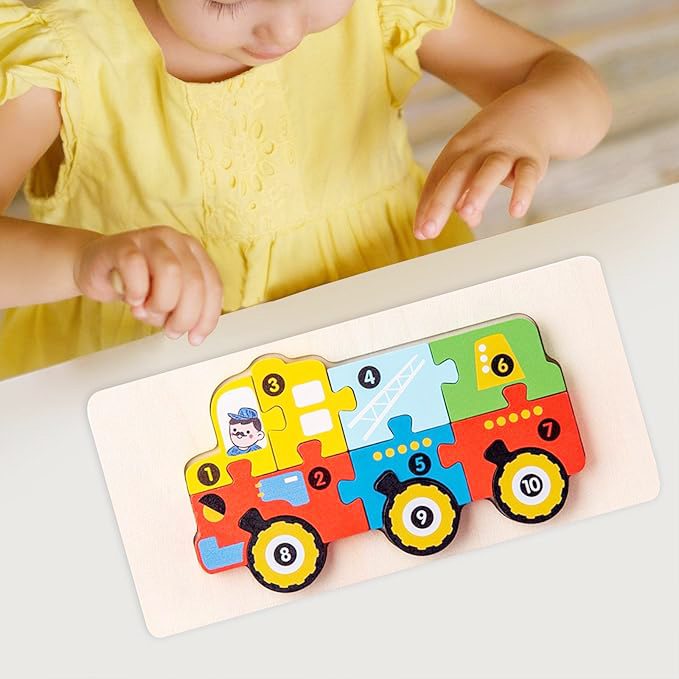 Puzzle din Lemn 3D Montessori, Klevo, Jucarie Educativa pentru Copii, 0-3 Ani, Vopsea Ecologica, Dezvolta Motricitatea Fina, Coordonarea, Logica,  11 Piese, Model Vehicul de Constructii, Multicolor