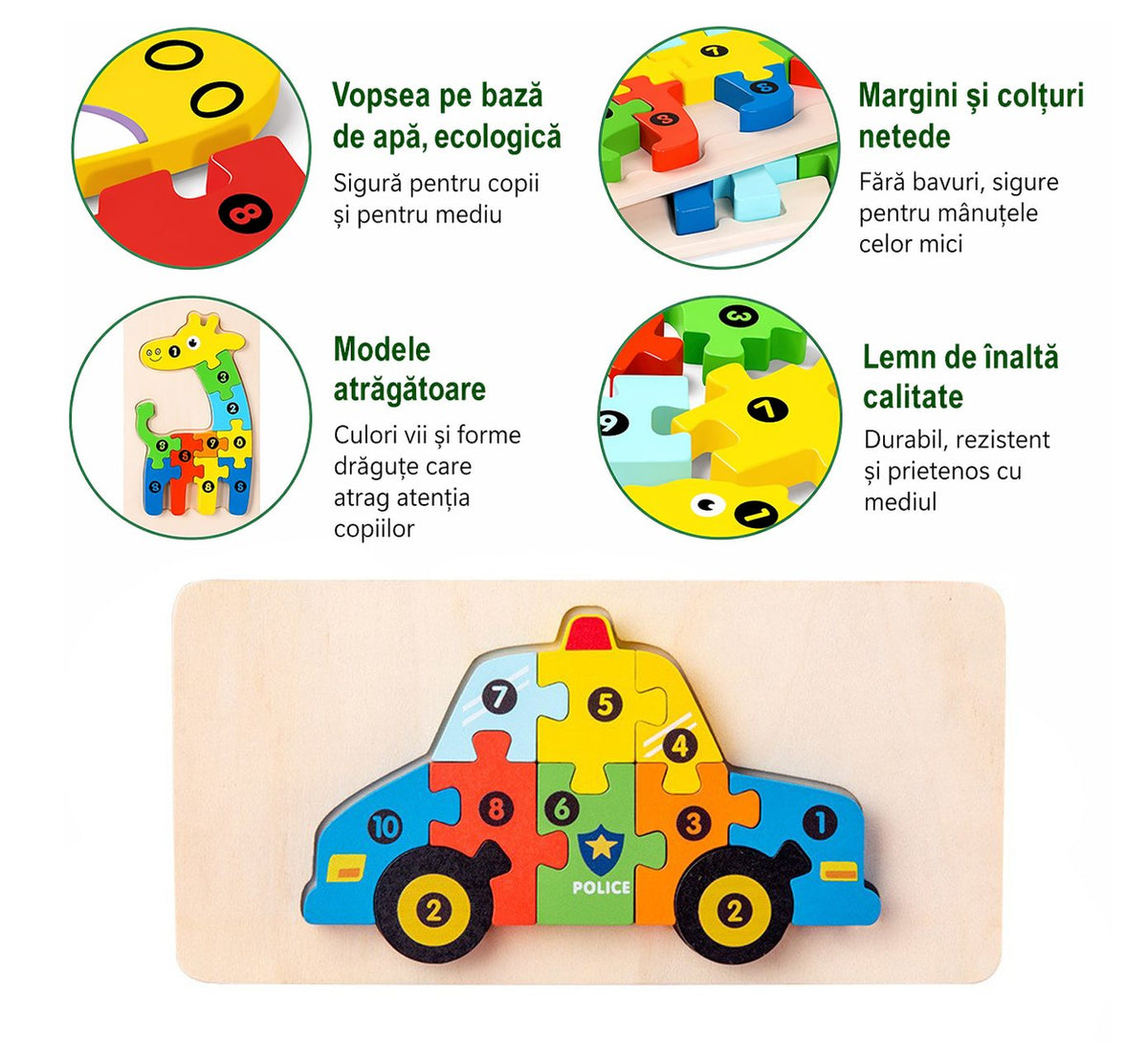 Puzzle din Lemn 3D Montessori, Klevo, Jucarie Educativa pentru Copii, 0-3 Ani, Vopsea Ecologica, Dezvolta Motricitatea Fina, Coordonarea, Logica,  11 Piese, Model Masina de Politie, Multicolor