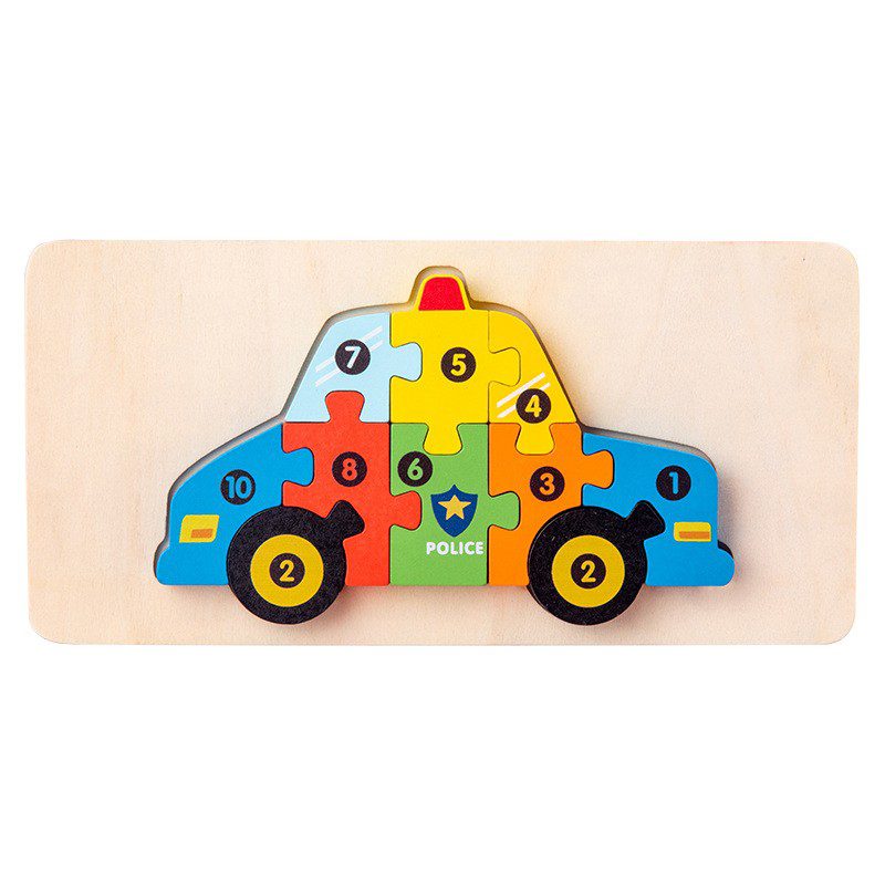 Puzzle din Lemn 3D Montessori, Klevo, Jucarie Educativa pentru Copii, 0-3 Ani, Vopsea Ecologica, Dezvolta Motricitatea Fina, Coordonarea, Logica,  11 Piese, Model Masina de Politie, Multicolor