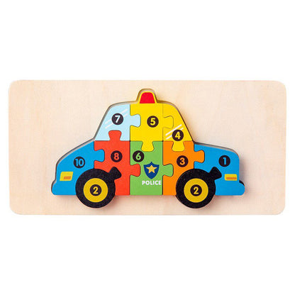 Puzzle din Lemn 3D Montessori, Klevo, Jucarie Educativa pentru Copii, 0-3 Ani, Vopsea Ecologica, Dezvolta Motricitatea Fina, Coordonarea, Logica,  11 Piese, Model Masina de Politie, Multicolor