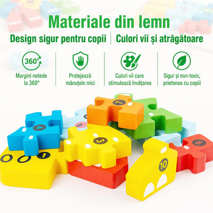 Puzzle din Lemn 3D Montessori, Klevo, Jucarie Educativa pentru Copii, 0-3 Ani, Vopsea Ecologica, Dezvolta Motricitatea Fina, Coordonarea, Logica,  11 Piese, Model Sarpe, Multicolor