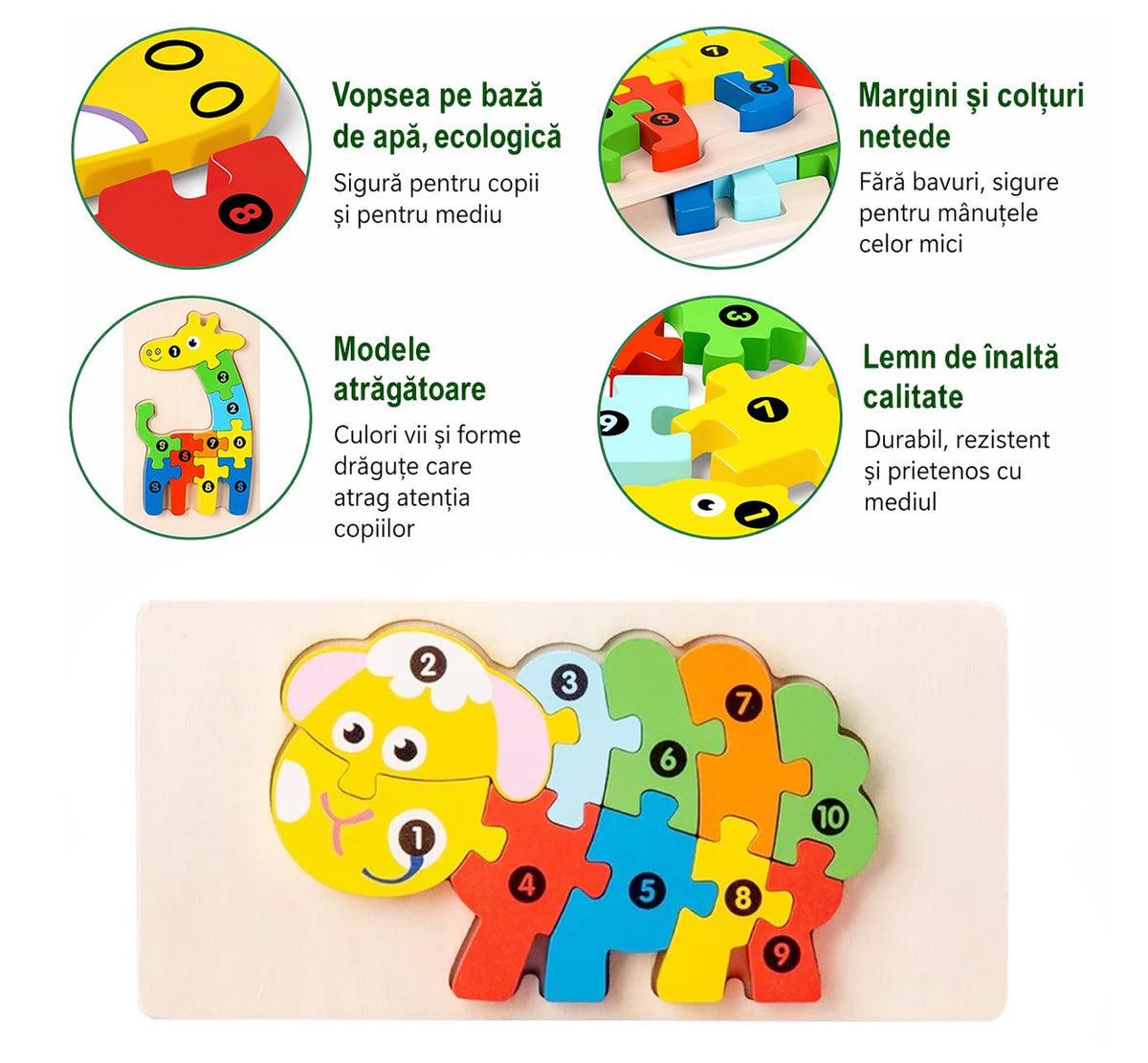 Puzzle din Lemn 3D Montessori, Klevo, Jucarie Educativa pentru Copii, 0-3 Ani, Vopsea Ecologica, Dezvolta Motricitatea Fina, Coordonarea, Logica,  11 Piese, Model Oaie, Multicolor