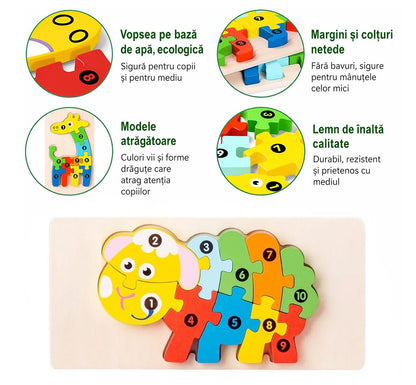 Puzzle din Lemn 3D Montessori, Klevo, Jucarie Educativa pentru Copii, 0-3 Ani, Vopsea Ecologica, Dezvolta Motricitatea Fina, Coordonarea, Logica,  11 Piese, Model Oaie, Multicolor