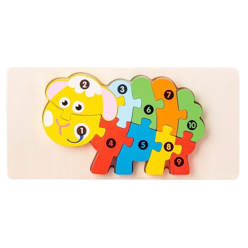 Puzzle din Lemn 3D Montessori, Klevo, Jucarie Educativa pentru Copii, 0-3 Ani, Vopsea Ecologica, Dezvolta Motricitatea Fina, Coordonarea, Logica,  11 Piese, Model Oaie, Multicolor