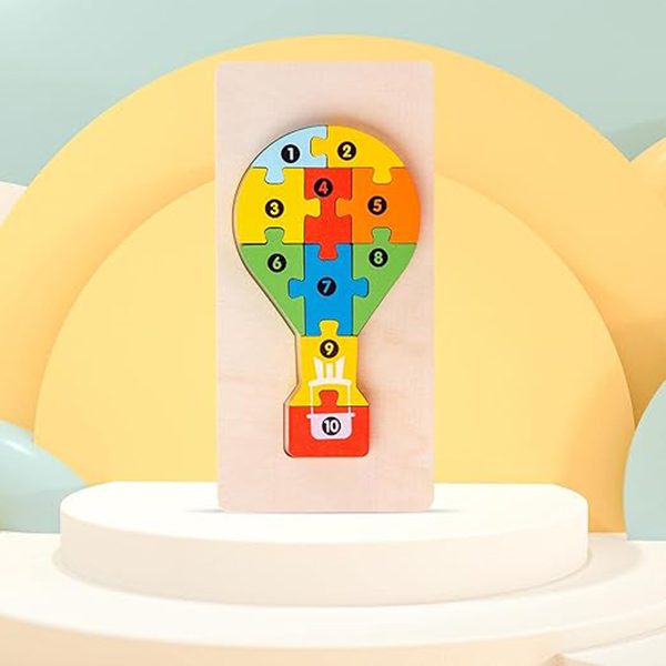 Puzzle din Lemn 3D Montessori, Klevo, Jucarie Educativa pentru Copii, 0-3 Ani, Vopsea Ecologica, Dezvolta Motricitatea Fina, Coordonarea, Logica,  11 Piese, Model Balon cu Aer Cald, Multicolor