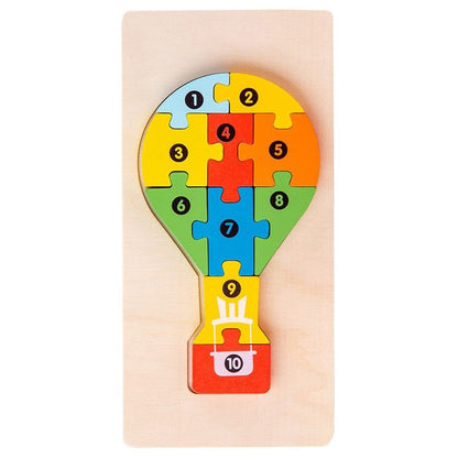 Puzzle din Lemn 3D Montessori, Klevo, Jucarie Educativa pentru Copii, 0-3 Ani, Vopsea Ecologica, Dezvolta Motricitatea Fina, Coordonarea, Logica,  11 Piese, Model Balon cu Aer Cald, Multicolor
