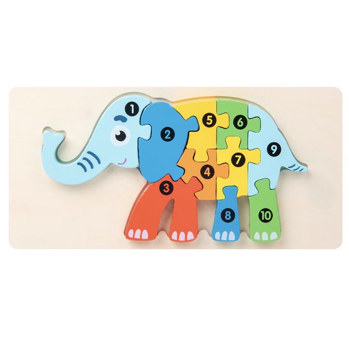 Puzzle din Lemn 3D Montessori, Klevo, Jucarie Educativa pentru Copii, 0-3 Ani, Vopsea Ecologica, Dezvolta Motricitatea Fina, Coordonarea, Logica,  11 Piese, Model Elefant, Multicolor