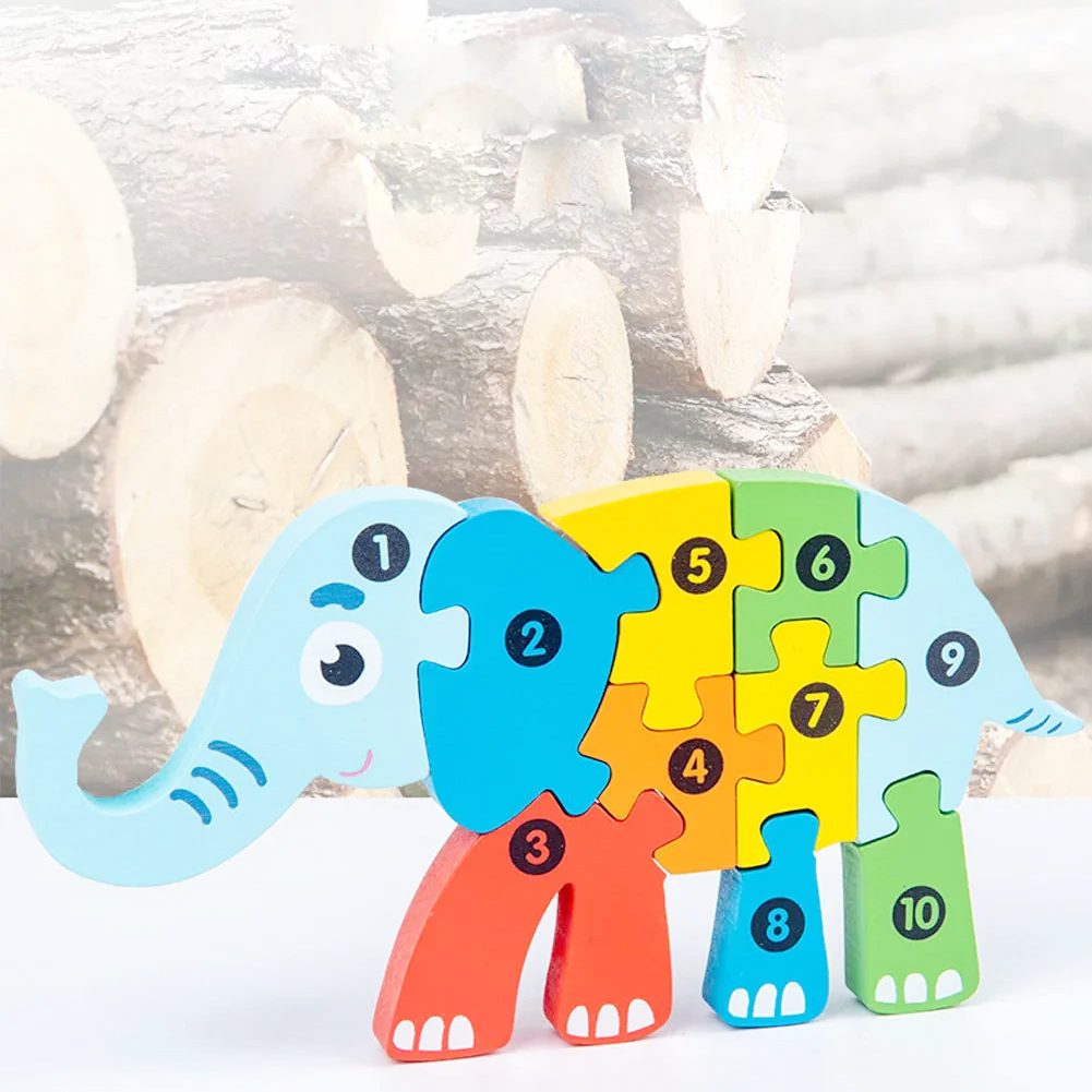 Puzzle din Lemn 3D Montessori, Klevo, Jucarie Educativa pentru Copii, 0-3 Ani, Vopsea Ecologica, Dezvolta Motricitatea Fina, Coordonarea, Logica,  11 Piese, Model Elefant, Multicolor