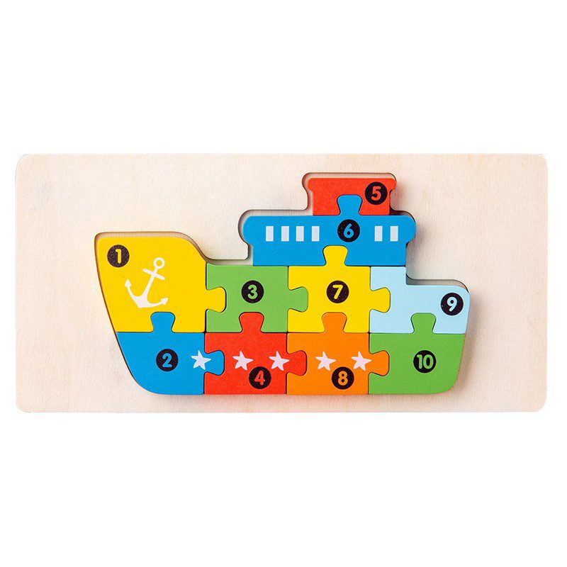 Puzzle din Lemn 3D Montessori, Klevo, Jucarie Educativa pentru Copii, 0-3 Ani, Vopsea Ecologica, Dezvolta Motricitatea Fina, Coordonarea, Logica,  11 Piese, Model Nava, Multicolor