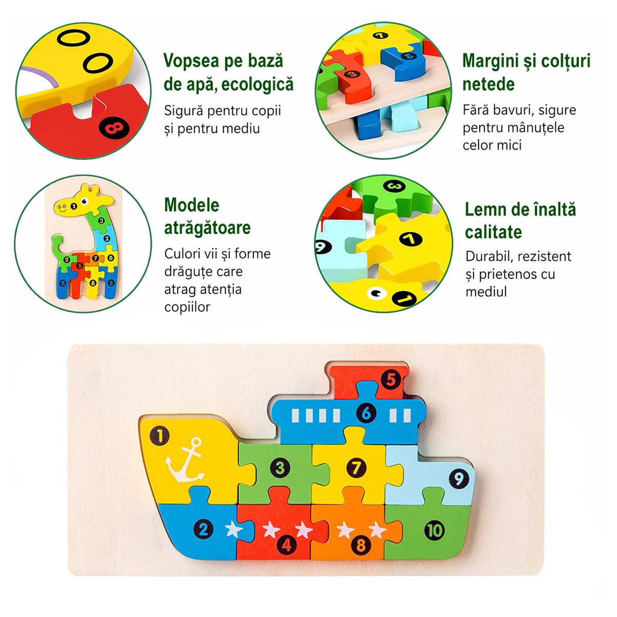 Puzzle din Lemn 3D Montessori, Klevo, Jucarie Educativa pentru Copii, 0-3 Ani, Vopsea Ecologica, Dezvolta Motricitatea Fina, Coordonarea, Logica,  11 Piese, Model Nava, Multicolor