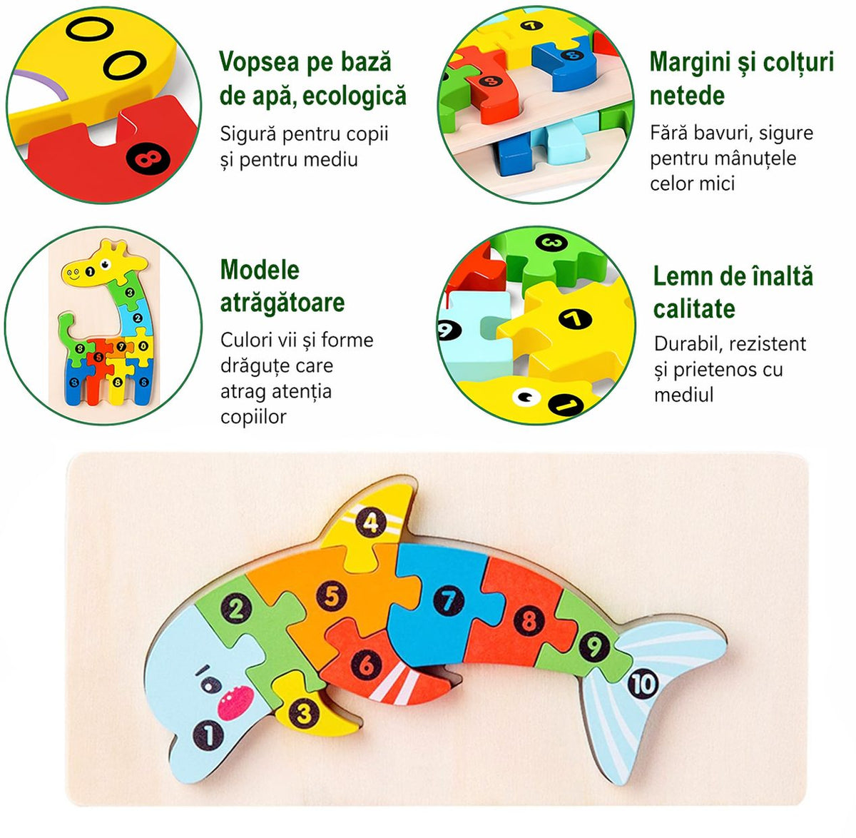 Puzzle din Lemn 3D Montessori, Klevo, Jucarie Educativa pentru Copii, 0-3 Ani, Vopsea Ecologica, Dezvolta Motricitatea Fina, Coordonarea, Logica,  11 Piese, Model Delfin, Multicolor