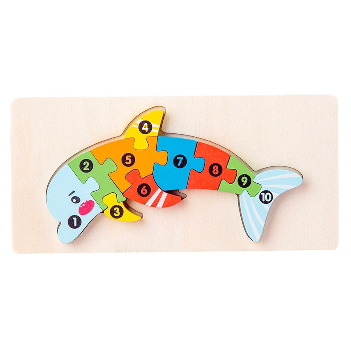 Puzzle din Lemn 3D Montessori, Klevo, Jucarie Educativa pentru Copii, 0-3 Ani, Vopsea Ecologica, Dezvolta Motricitatea Fina, Coordonarea, Logica,  11 Piese, Model Delfin, Multicolor
