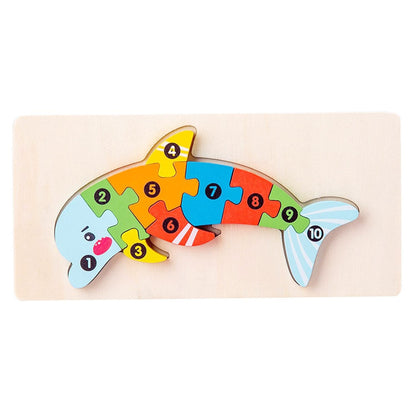 Puzzle din Lemn 3D Montessori, Klevo, Jucarie Educativa pentru Copii, 0-3 Ani, Vopsea Ecologica, Dezvolta Motricitatea Fina, Coordonarea, Logica,  11 Piese, Model Delfin, Multicolor
