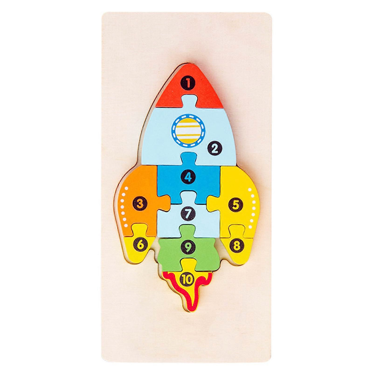 Puzzle din Lemn 3D Montessori, Klevo, Jucarie Educativa pentru Copii, 0-3 Ani, Vopsea Ecologica, Dezvolta Motricitatea Fina, Coordonarea, Logica,  11 Piese, Model Racheta, Multicolor