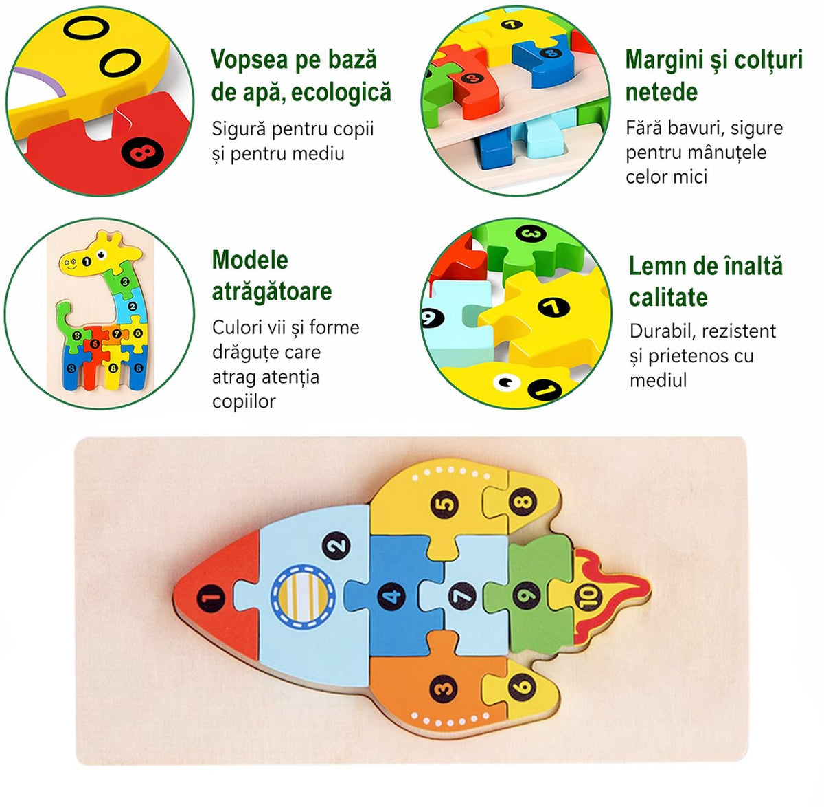 Puzzle din Lemn 3D Montessori, Klevo, Jucarie Educativa pentru Copii, 0-3 Ani, Vopsea Ecologica, Dezvolta Motricitatea Fina, Coordonarea, Logica,  11 Piese, Model Racheta, Multicolor