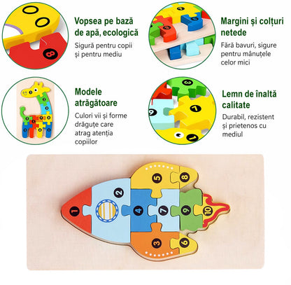 Puzzle din Lemn 3D Montessori, Klevo, Jucarie Educativa pentru Copii, 0-3 Ani, Vopsea Ecologica, Dezvolta Motricitatea Fina, Coordonarea, Logica,  11 Piese, Model Racheta, Multicolor