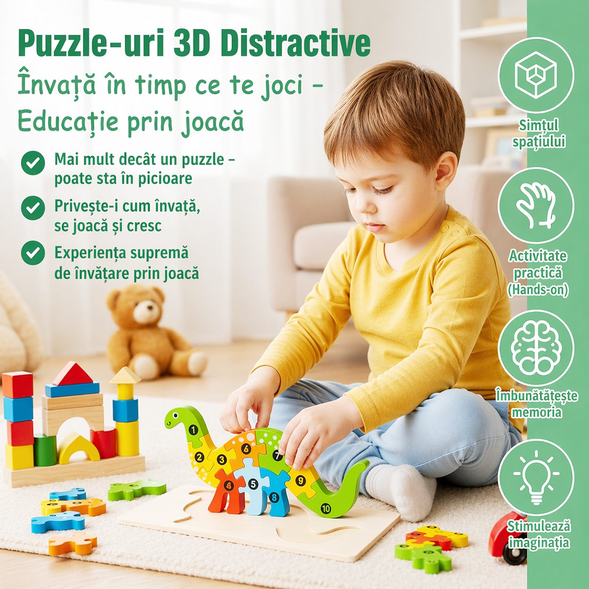 Puzzle din Lemn 3D Montessori, Klevo, Jucarie Educativa pentru Copii, 0-3 Ani, Vopsea Ecologica, Dezvolta Motricitatea Fina, Coordonarea, Logica,  11 Piese, Model Avion, Multicolor
