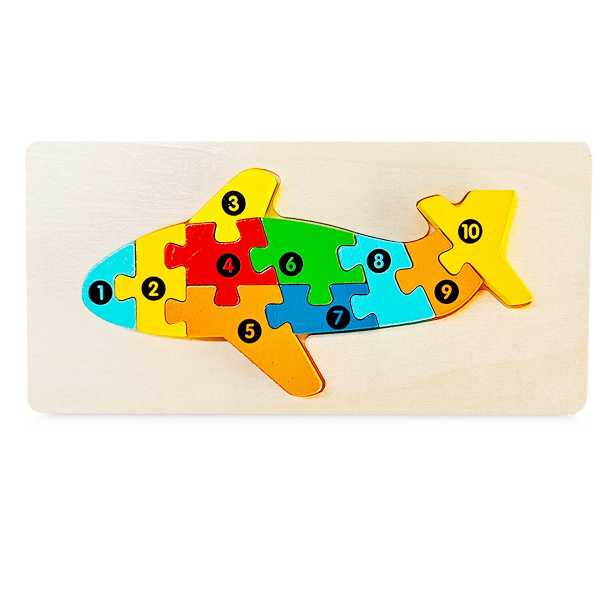 Puzzle din Lemn 3D Montessori, Klevo, Jucarie Educativa pentru Copii, 0-3 Ani, Vopsea Ecologica, Dezvolta Motricitatea Fina, Coordonarea, Logica,  11 Piese, Model Avion, Multicolor