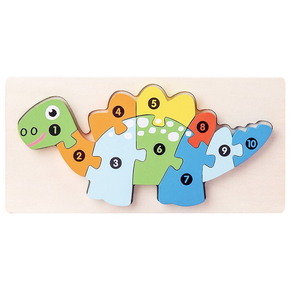Puzzle din Lemn 3D Montessori, Klevo, Jucarie Educativa pentru Copii, 0-3 Ani, Vopsea Ecologica, Dezvolta Motricitatea Fina, Coordonarea, Logica,  11 Piese, Model Stegosaurus, Multicolor