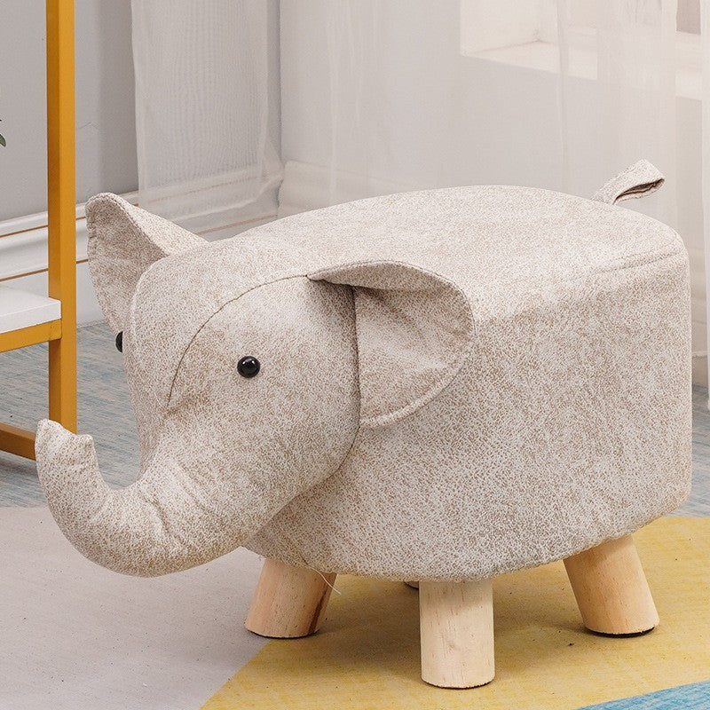 Taburet pentru Copii, Klevo, Scaun Tip Taburet, Model Elefant, din Lemn Masiv, Scaun pentru Copii, 30 x 25 x 25 cm, Alb Bej