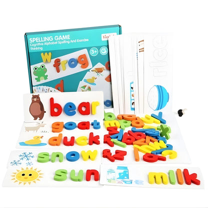 Jucarie Educativa Montessori, Klevo, Puzzle Interactiv pentru Formarea Cuvintelor, Invatarea Alfabetului, 52 Litere din Lemn si 28 Carduri fata-verso, Dezvolta Logica si Vocabularul, 3 ani+, Multicolor