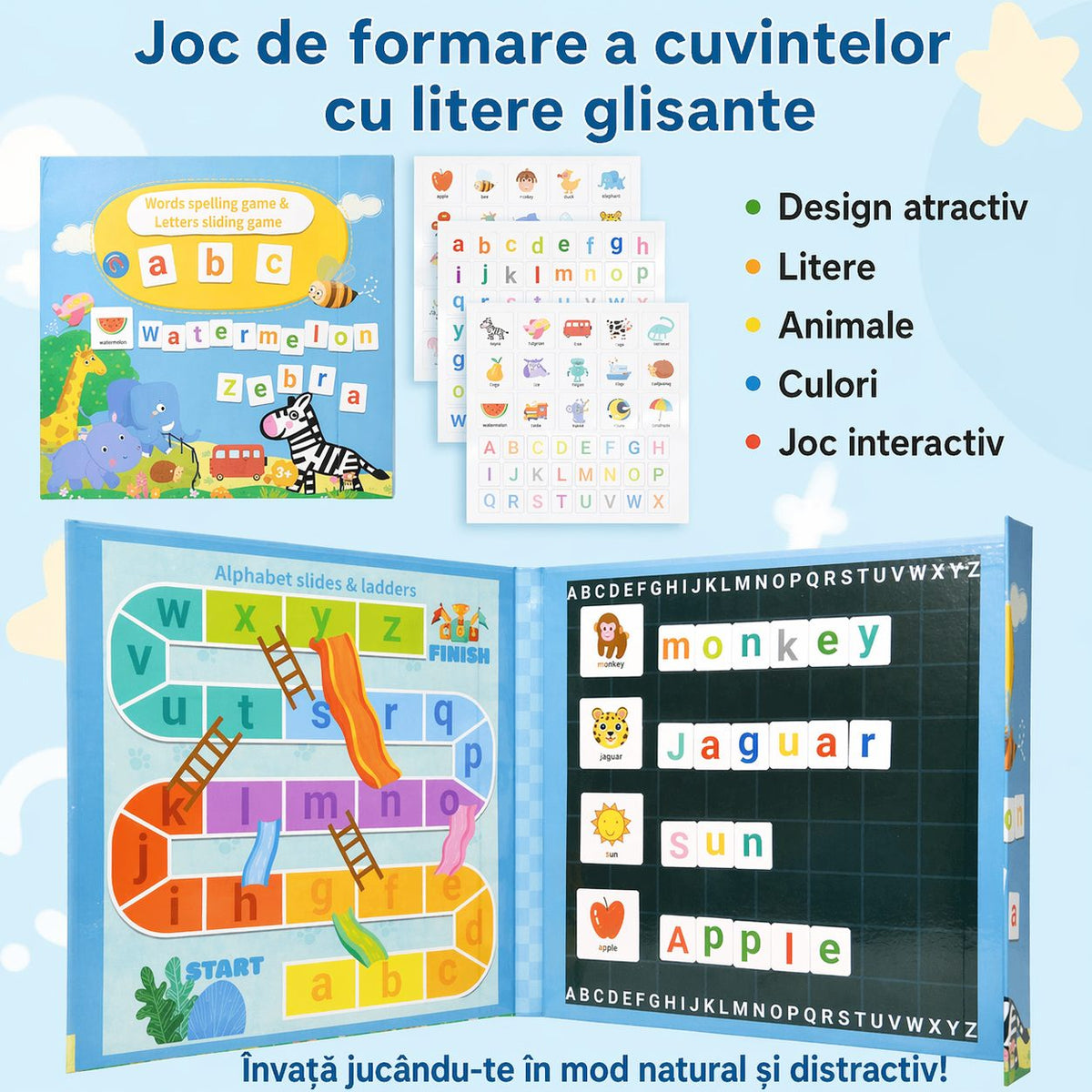 Joc Educativ Alfabet Englez, Klevo, Carte Magnetica Montessori, Recunoastere Litere si Formare Cuvinte, Copii 3+ Ani, 27x26.2x1.5 cm, Multicolor