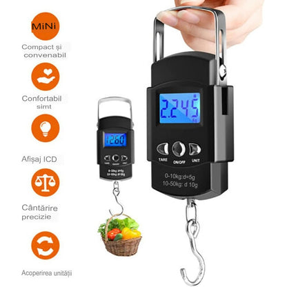 Cantar Digital de Mana cu Carlig, Klevo, Cantar Portabil, Pescuit, cu Maner, Capacitate 50 kg, cu Metru Incorporat, 20.5 x 6 x 2.5 cm, Negru