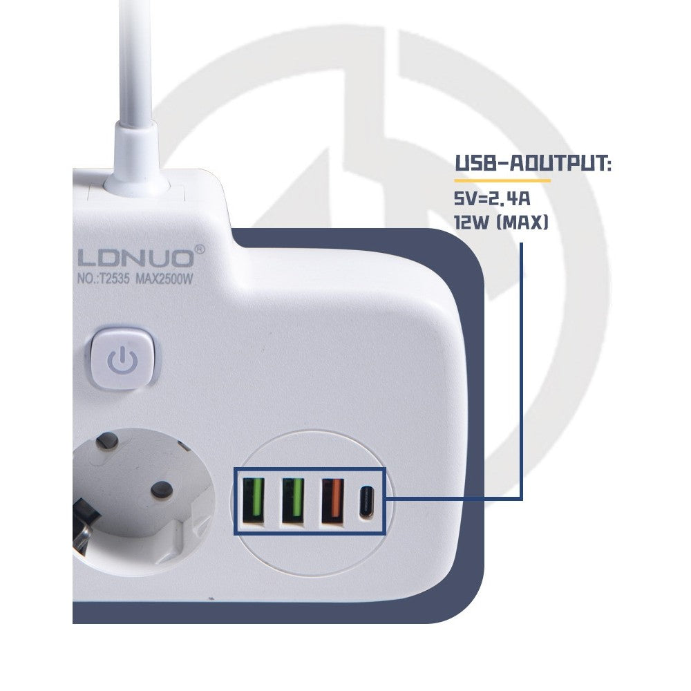 Adaptor Priza, Klevo, 6 in 1, 2 Prize Standard, 3 Porturi USB, 1 Port Tip C, Buton Oprire, 2500W, din PC, Alb