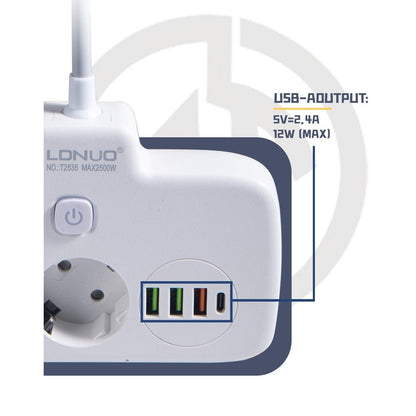 Adaptor Priza, Klevo, 6 in 1, 2 Prize Standard, 3 Porturi USB, 1 Port Tip C, Buton Oprire, 2500W, din PC, Alb