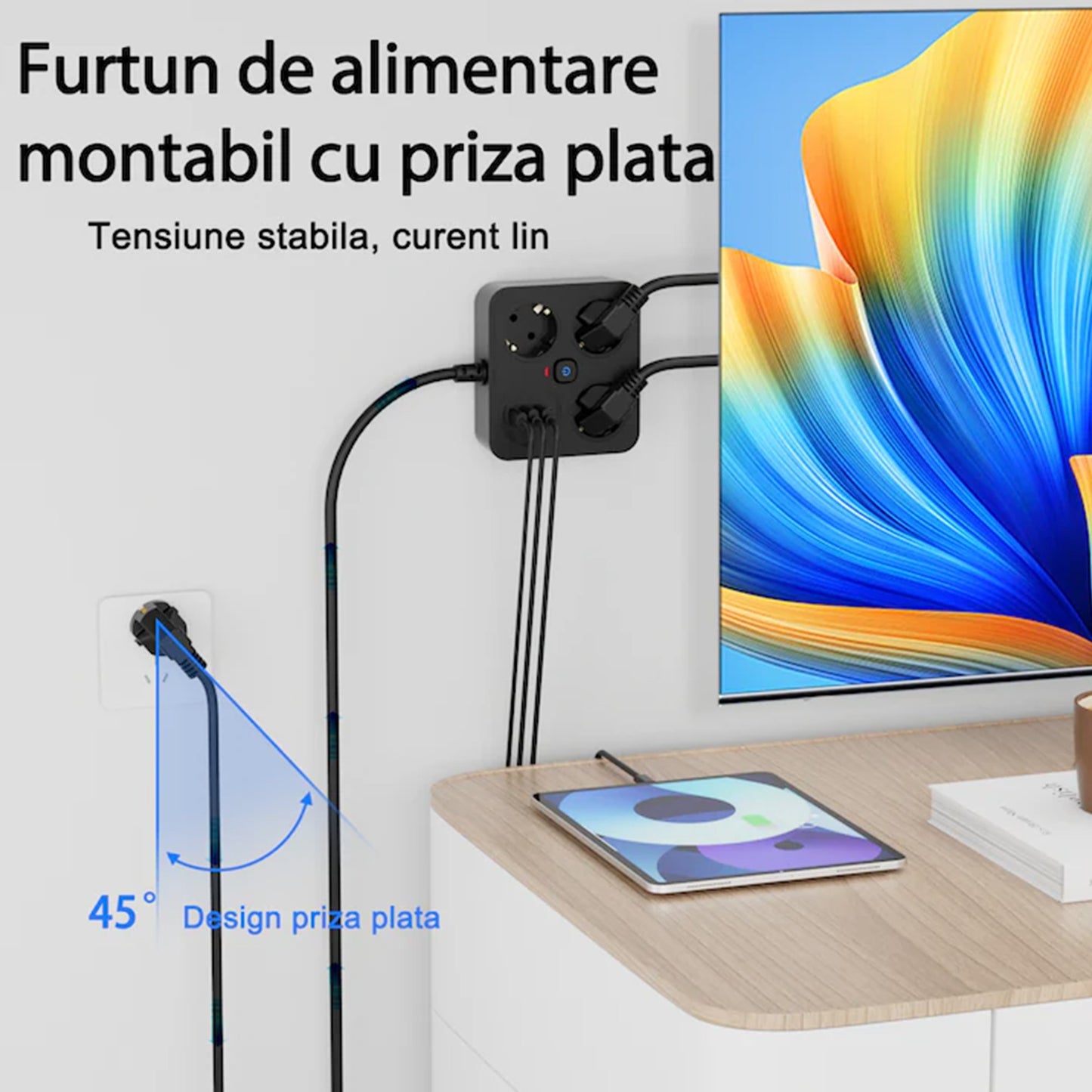 Prelungitor Multifunctional pentru Birou, Klevo, 3 Prize, 2 USB-A, 2 TYPE-C, Suport pentru Telefon, 3250W, Lungime Cablu 2 m, 11.4 x 12.4 cm, Negru