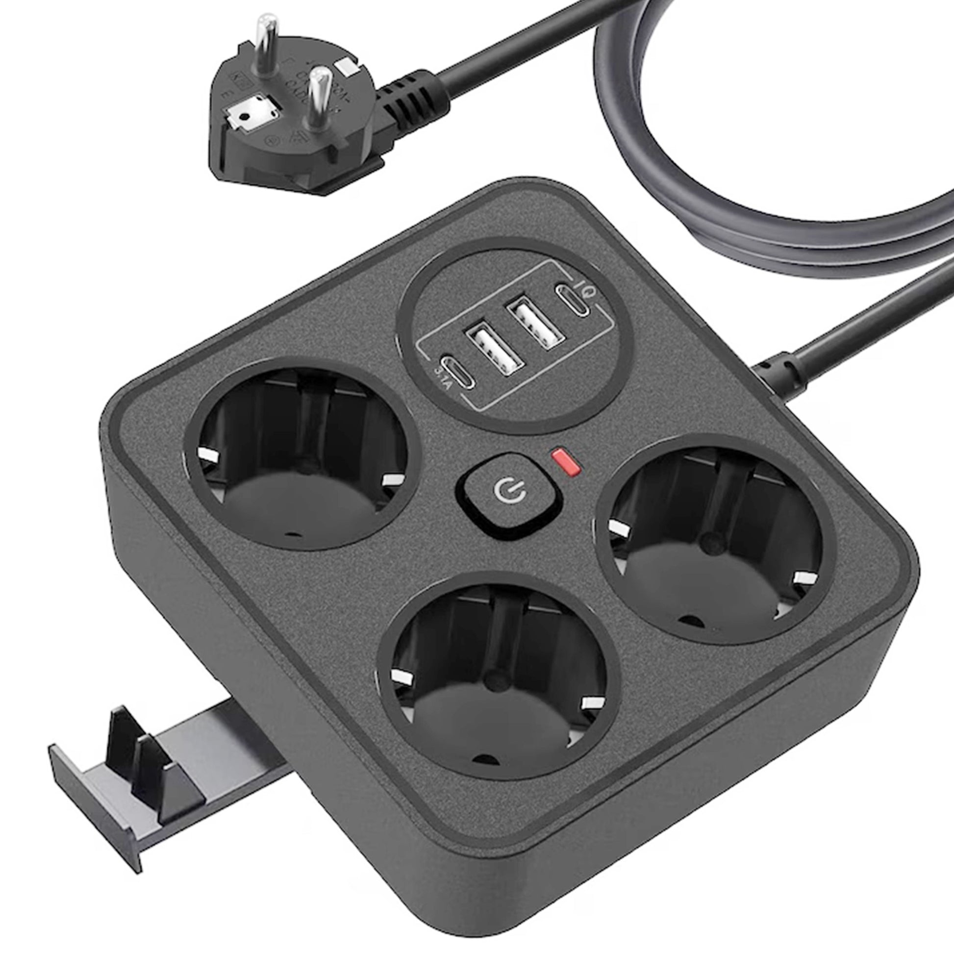 Prelungitor Multifunctional pentru Birou, Klevo, 3 Prize, 2 USB-A, 2 TYPE-C, Suport pentru Telefon, 3250W, Lungime Cablu 2 m, 11.4 x 12.4 cm, Negru
