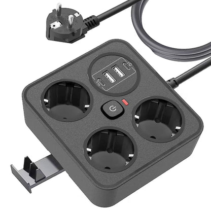 Prelungitor Multifunctional pentru Birou, Klevo, 3 Prize, 2 USB-A, 2 TYPE-C, Suport pentru Telefon, 3250W, Lungime Cablu 2 m, 11.4 x 12.4 cm, Negru