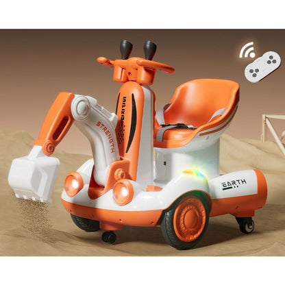 Excavator Electric, Klevo, pe 4 Roti Antiderapante, cu Telecomanda, Brat Controlat Electric, cu Telecomanda, +2 Ani, Portocaliu