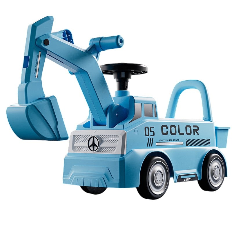 Excavator Manual pentru copii, Klevo, 3 ani, Sport, Claxon, Cutie Depozitare, Lumini, Scaun, 62x26x47 cm, Albastru