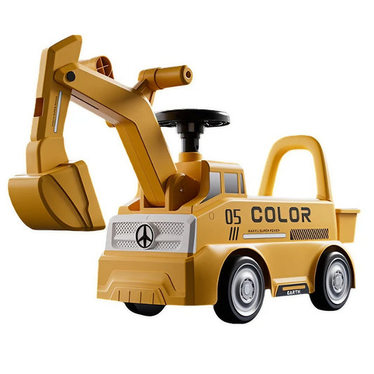 Excavator Manual pentru copii, Klevo, 3 ani, Sport, Claxon, Cutie Depozitare, Lumini, Scaun, 62x26x47 cm, Galben