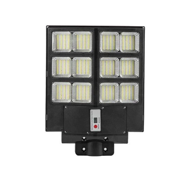 Lampa solara stradala Klevo, cu telecomanda, senzor de miscare si lumina, suport prindere, 480 LED-uri, IP65, ABS, 15AH, 300W, temperatura culoare 6500K, 44.6x34.8x7.2 cm, autonomie 10-12 ore, negru