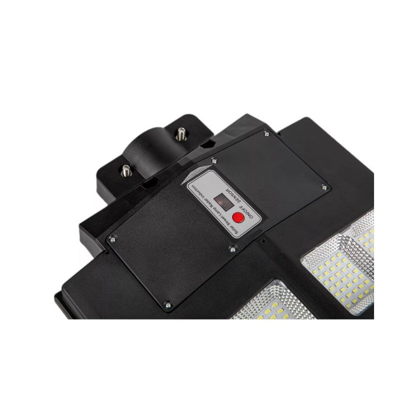 Lampa solara stradala Klevo, cu telecomanda, senzor de miscare si lumina, suport prindere, 640 LED-uri, IP65, ABS, 20AH, 400W, temperatura culoare 6500K, 59.7x34.8x7.2 cm, autonomie 10-12 ore, negru