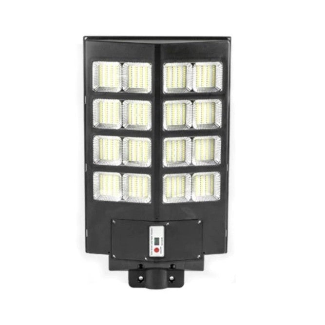 Lampa solara stradala Klevo, cu telecomanda, senzor de miscare si lumina, suport prindere, 640 LED-uri, IP65, ABS, 20AH, 400W, temperatura culoare 6500K, 59.7x34.8x7.2 cm, autonomie 10-12 ore, negru