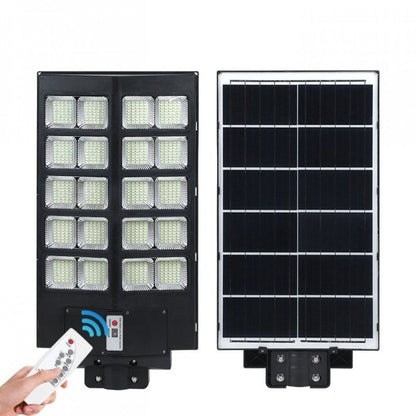Lampa solara stradala Klevo, cu telecomanda, senzor de miscare si lumina, suport prindere, 800 LED-uri, IP65, ABS, 25AH, 500W, temperatura culoare 6500K, 67.6x34.8x7.2 cm, autonomie 10-12 ore, negru