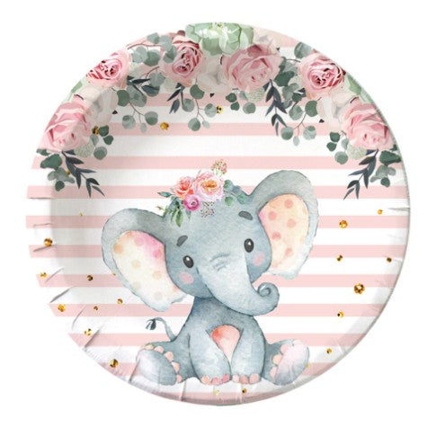 Set 10 Farfurii Unica Folosinta, Klevo, Imprimeu Elefant, din Carton, 17 cm, Roz